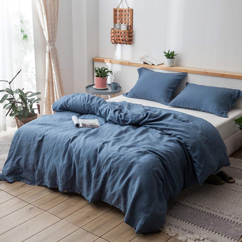 Simple&Opulence 100% Linen Duvet Cover Set, 3 Pieces Belgian Flax Breathable Bedding, 1 Comforter Cover+2 Pillowshams with Coconut Button Closure(King,Classic Blue) - Image 1
